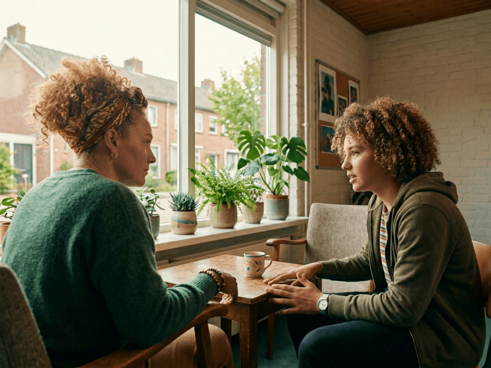 Een begeleider en een jongere in een rustig gesprek aan tafel bij het raam